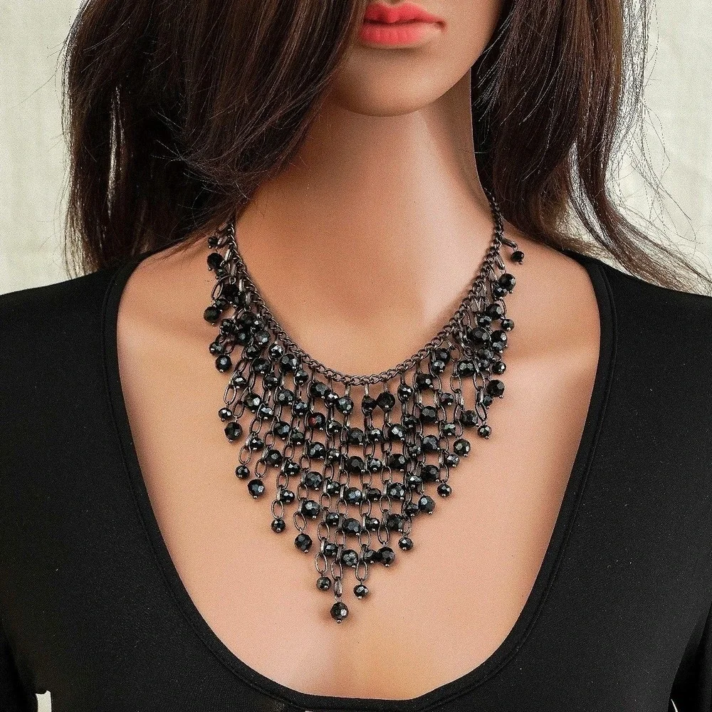 Black‎ Beaded Bib Statement Necklace Gunmetal Waterfall Drip Gothic Jewelry - Picture 2 of 5